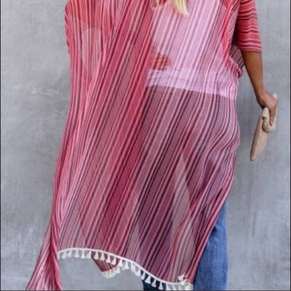 NEW‼️MAROON PINK Striped Tassel beach- Kimono - Picture 4 of 5